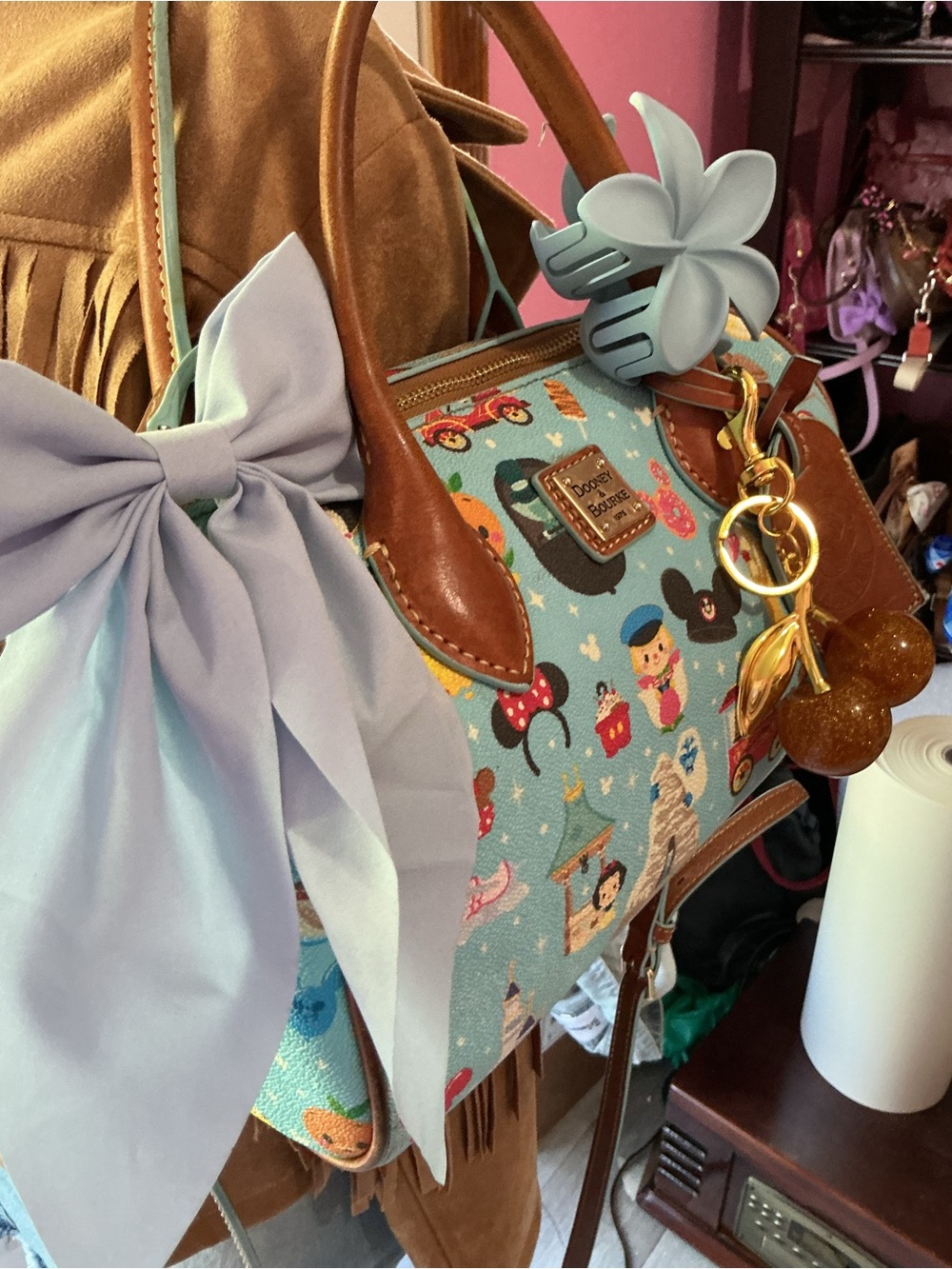 Dooney & Bourke Light Blue Novelty Print Satchel with Brown Trim - Picture 3 of 9
